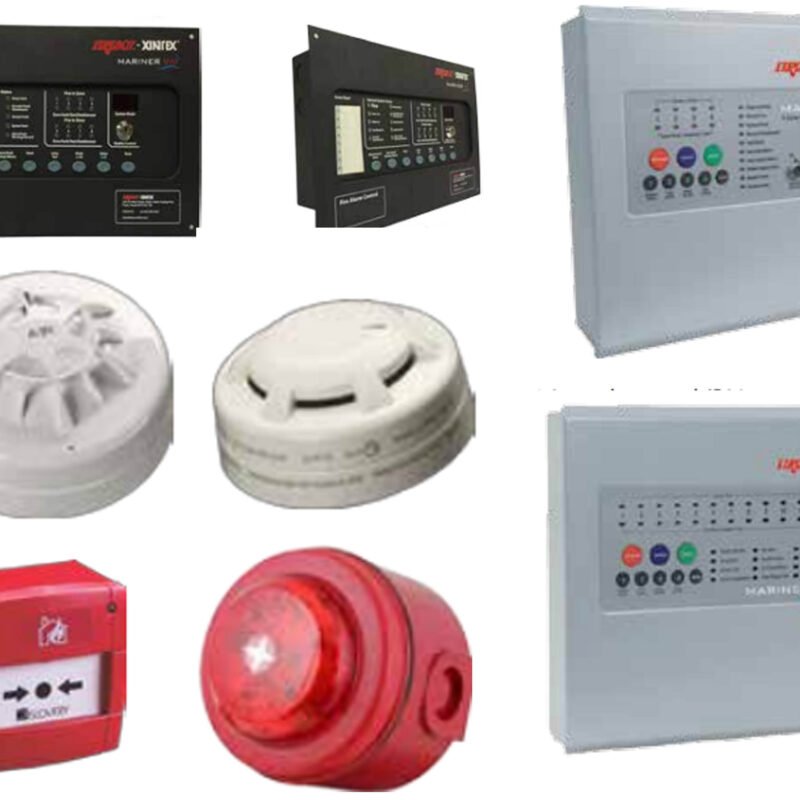 Konvensiyonel marin yangın algılama sistemine ait dedektör, panel ve siren görselleri
